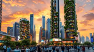 Futuristic Urban Skyscrapers with Green Facades image – free AI stock image