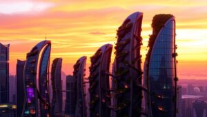 Futuristic Urban Sunset – free AI stock image