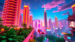 Futuristic Voxel City at Sunset – free AI stock image