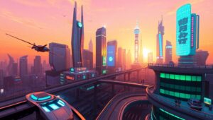 Futuristic Voxel Cityscape – free AI stock image