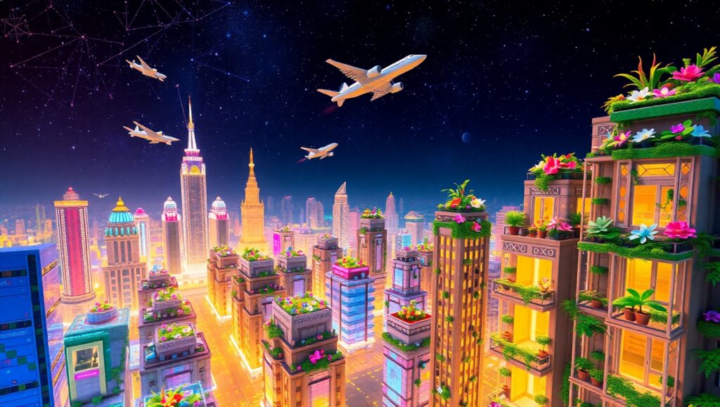 Futuristic Voxel Cityscape – free AI stock image