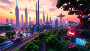 Futuristic Voxel Cityscape Adventure – free AI stock image