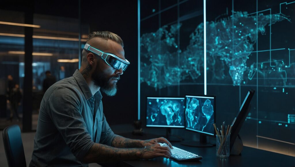 Futuristic Workspace with Advanced Technology – free AI stock image