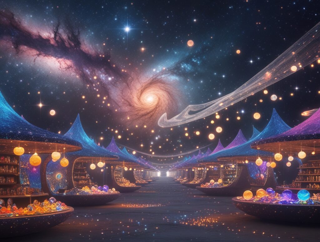 Galactic Marketplace of Cosmic Wonders – free AI stock image
