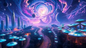 Galactic Mushroom Cityscape – free AI stock image