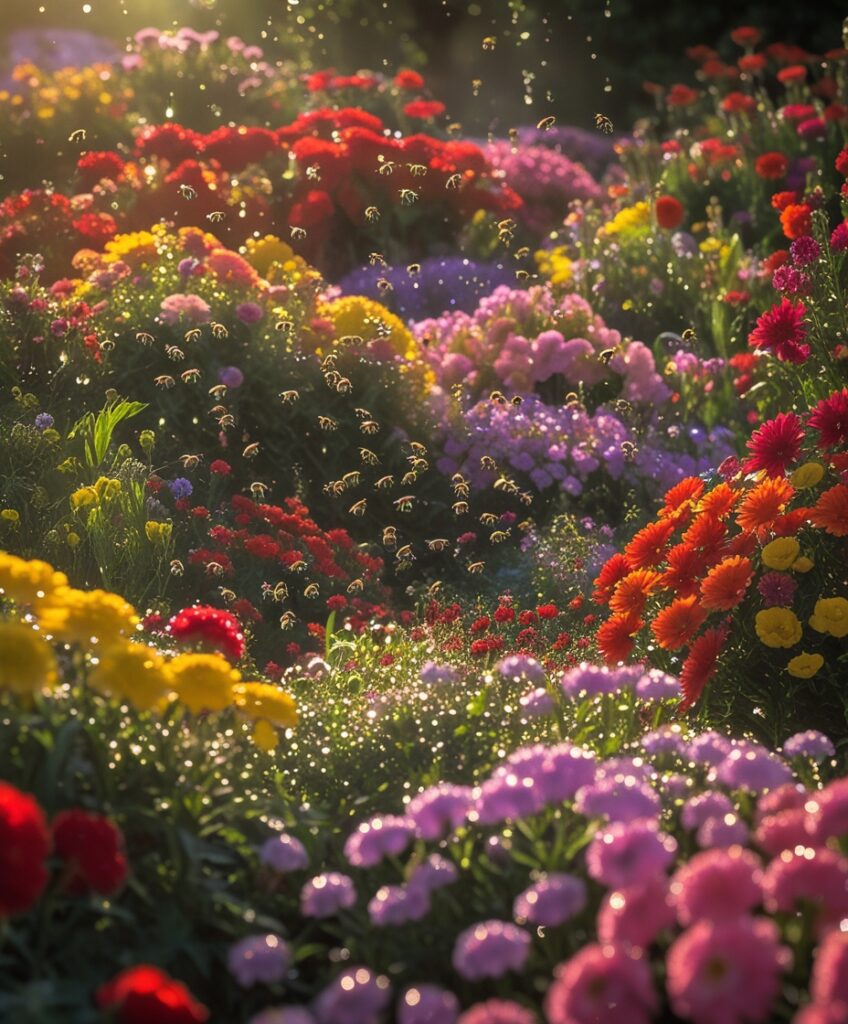 Garden of Colorful Blossoms and Bees – free AI stock image