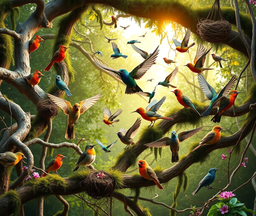 A Gathering of Colorful Forest Birds – free AI stock image