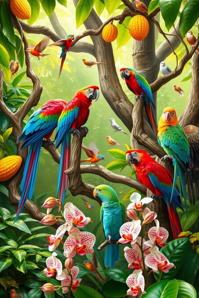 A Gathering of Colorful Tropical Birds – free AI stock image