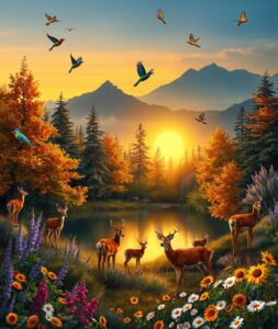 A Gathering of Colorful Wildlife at Dusk – free AI stock image