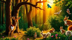 A Gathering of Forest Animals at Sunset – free AI stock image
