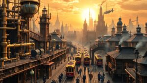 Gears and Airships in a Steampunk City – free AI stock image