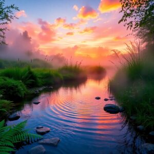 Gentle Stream Reflecting Sunrise Colors – free AI stock image