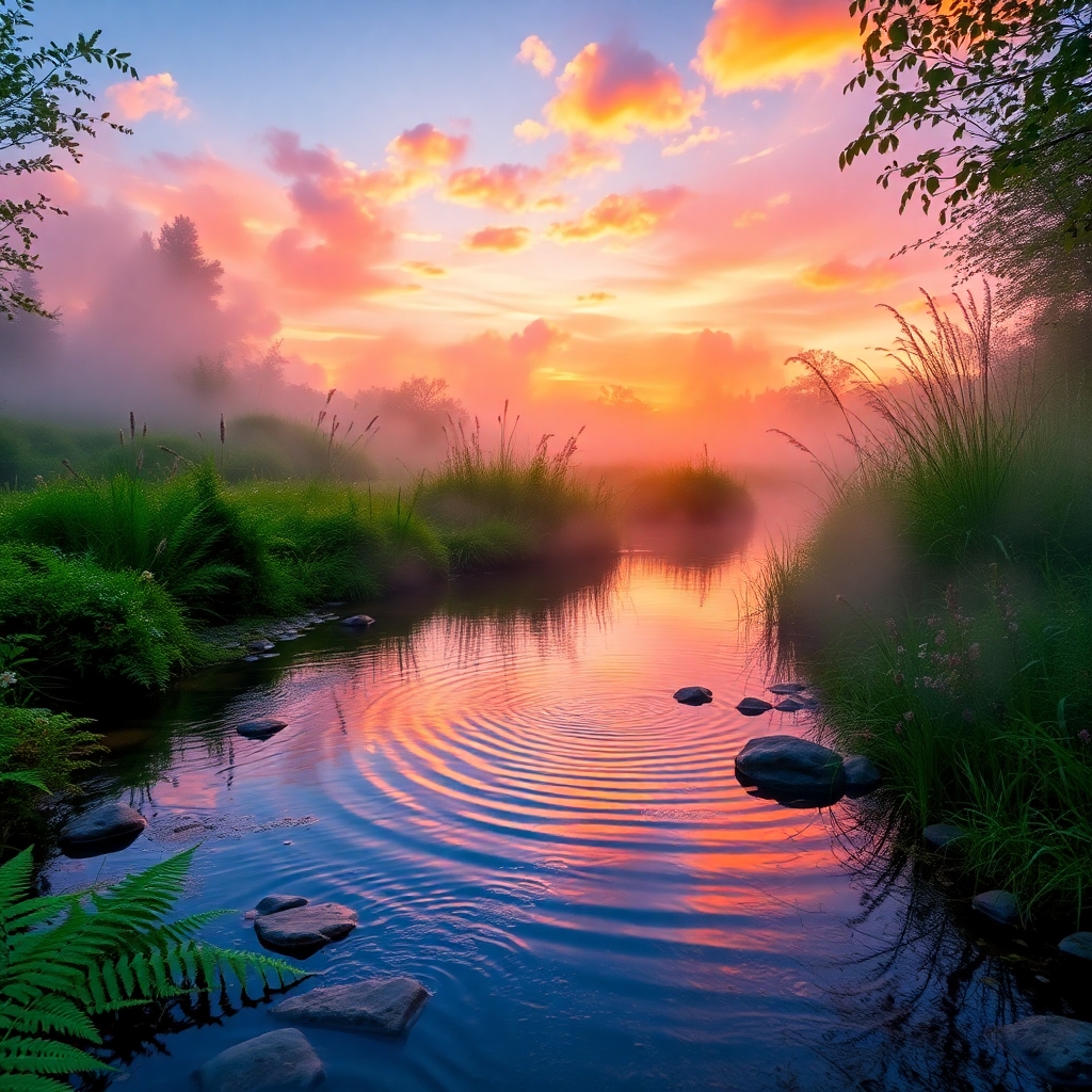 Gentle Stream Reflecting Sunrise Colors – free AI stock image
