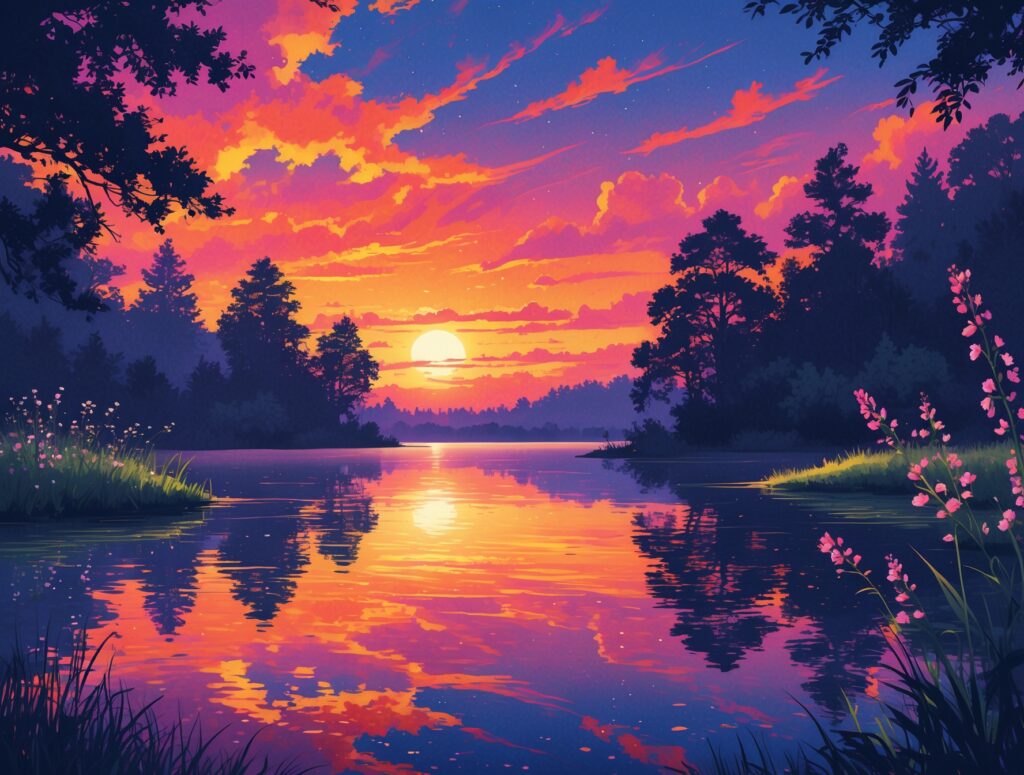 Gentle Sunset Over a Tranquil Lake – free AI stock image