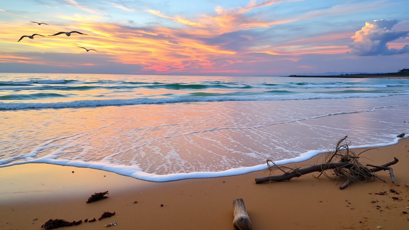 gentle waves reflecting a dusk sky