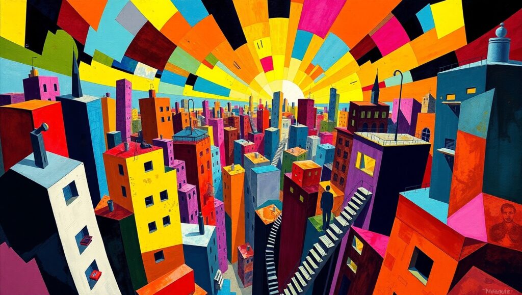 Geometric City Life in Cubism – free AI stock image