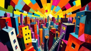 Geometric City Life in Cubism – free AI stock image