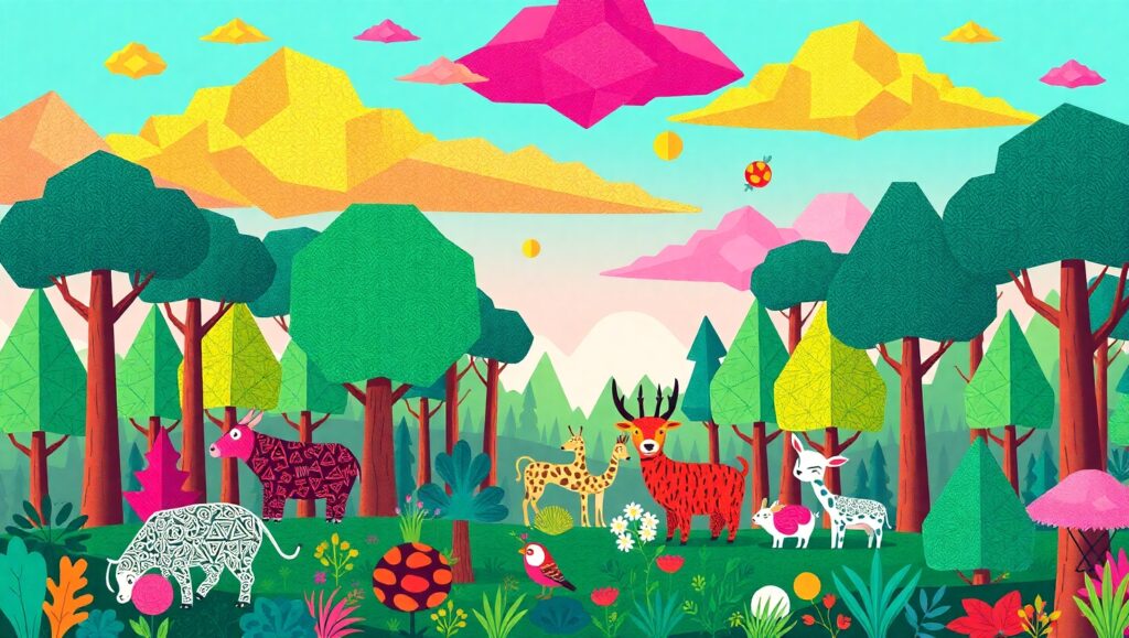 Geometric Forest Creatures Adventure – free AI stock image