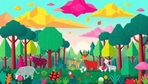 Geometric Forest Creatures Adventure – free AI stock image