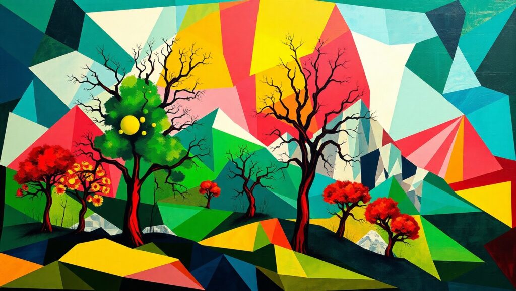 Geometric Serenity in Cubist Landscape – free AI stock image