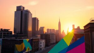 Geometric Sunset City Skyline – free AI stock image