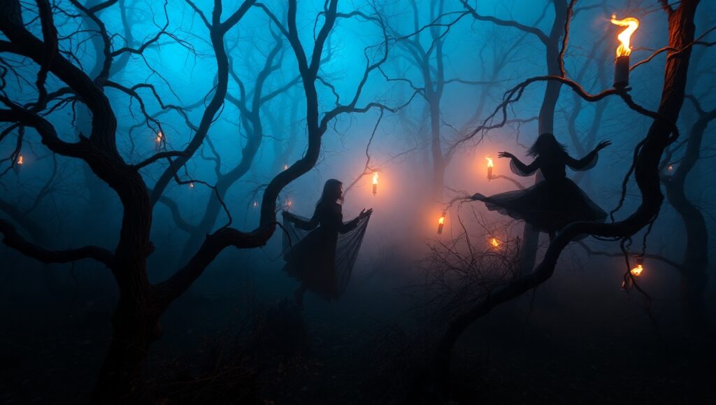 Ghostly Dance in Haunted Woods – free AI stock image
