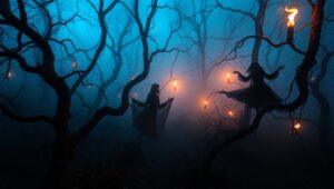 Ghostly Dance in Haunted Woods – free AI stock image
