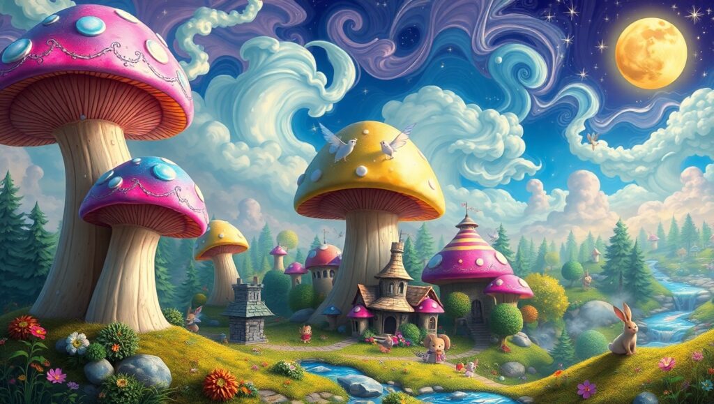 Giant Mushrooms Over Tiny Village – free AI stock image