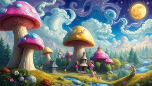 Giant Mushrooms Over Tiny Village – free AI stock image