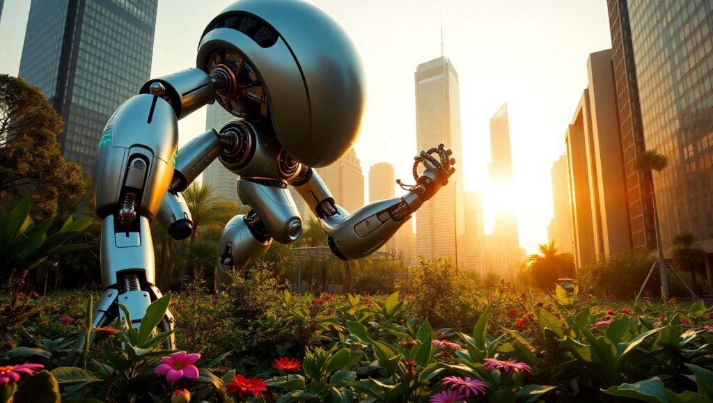 Giant Robot in Urban Garden – free AI stock image