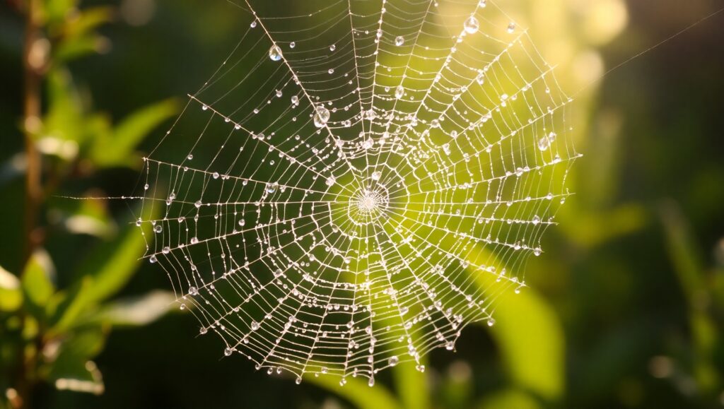 Glistening Dew on Spiderweb – free AI stock image