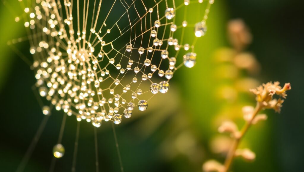 Glistening Spider Web in Morning Light – free AI stock image