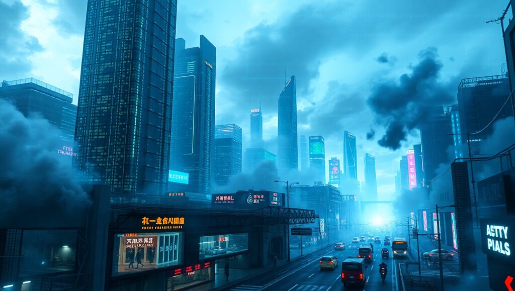 Glitch Art Cityscape Transformation – free AI stock image