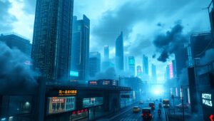 Glitch Art Cityscape Transformation – free AI stock image