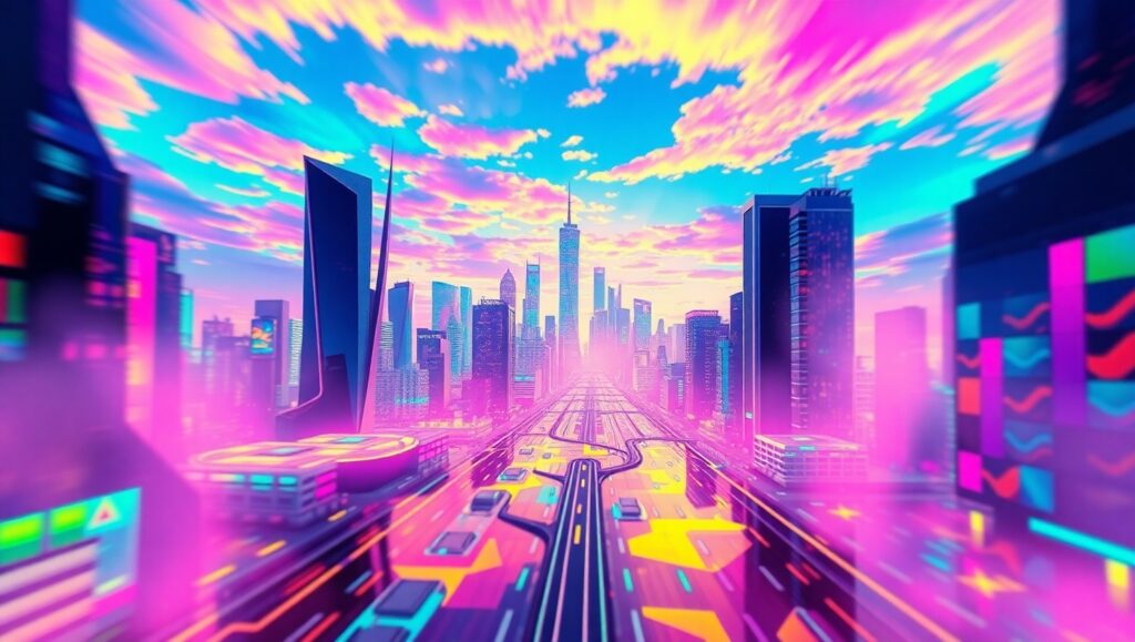 Glitch Cityscape: Colors Collide – free AI stock image