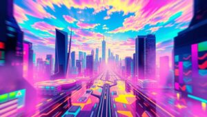 Glitch Cityscape: Colors Collide – free AI stock image