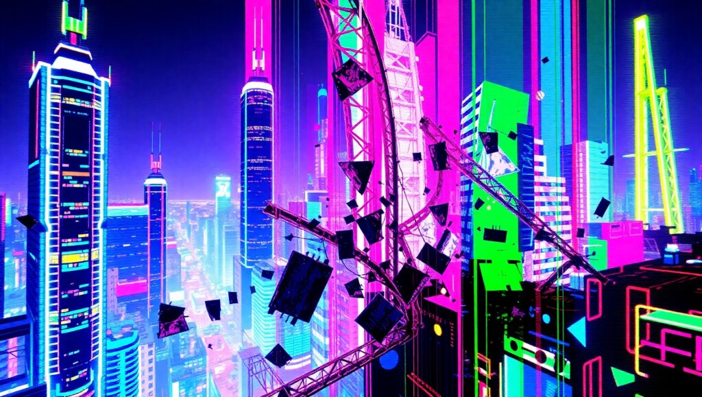 Glitch Cityscape in Vibrant Colors – free AI stock image