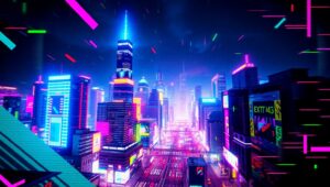 Glitch Cityscape in Vivid Colors – free AI stock image