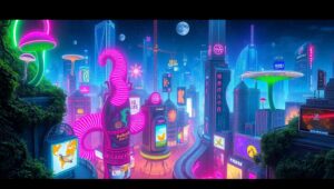 Glitching Neon Cityscape – free AI stock image