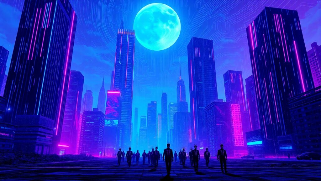 Glitching Neon Cityscape – free AI stock image