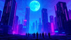 Glitching Neon Cityscape – free AI stock image