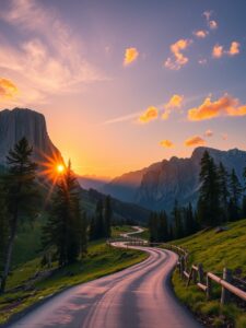 Glorious Sunset Over Mountain Road Trip – free AI stock image