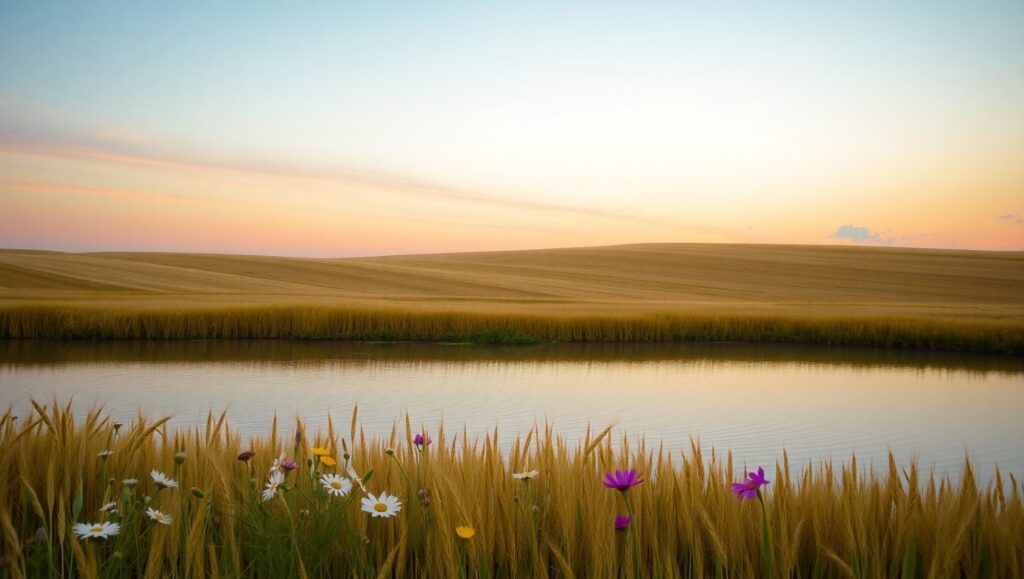 Golden Fields at Pastel Sunset – free AI stock image