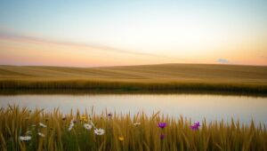 Golden Fields at Pastel Sunset – free AI stock image