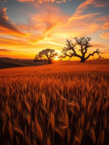 Golden Fields Under a Vibrant Sunset – free AI stock image