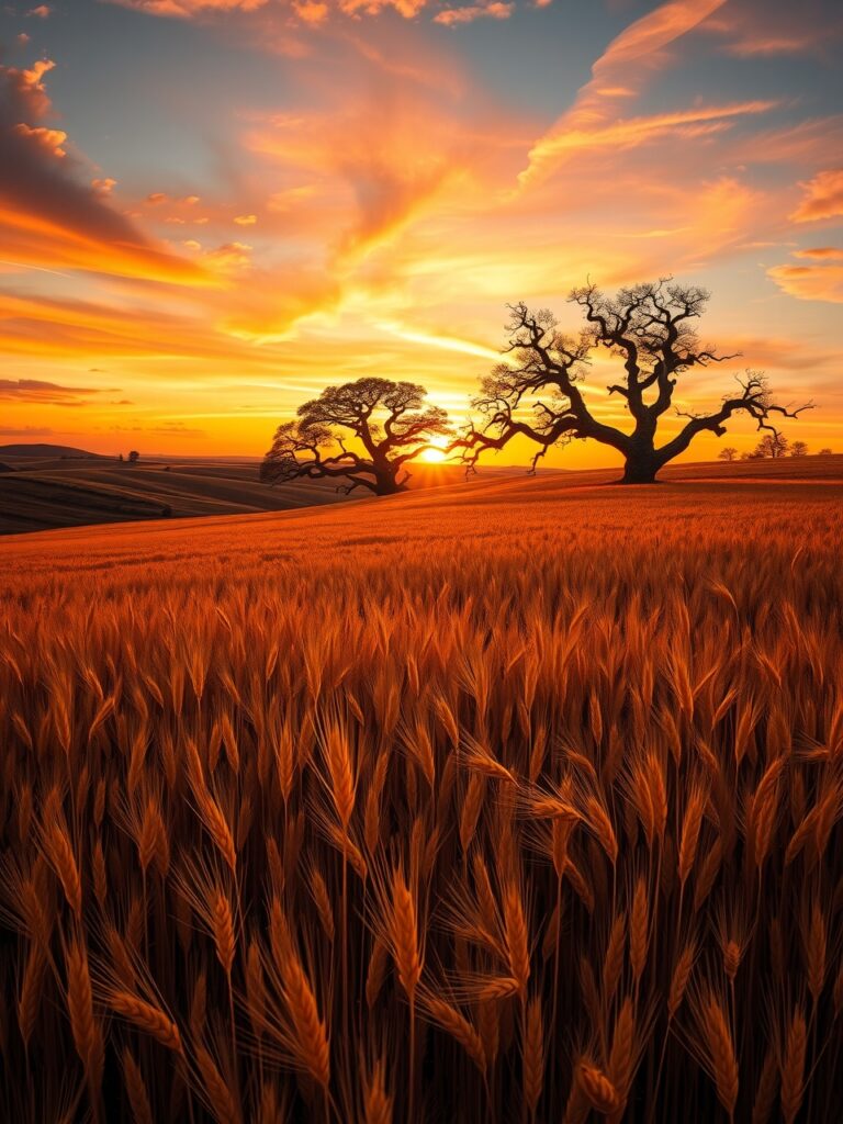 Golden Fields Under a Vibrant Sunset – free AI stock image