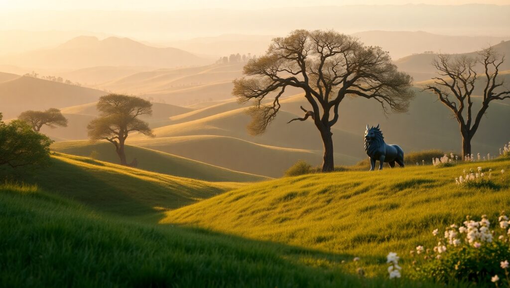 Golden Hills and Ancient Statues – free AI stock image