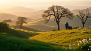 Golden Hills and Ancient Statues – free AI stock image