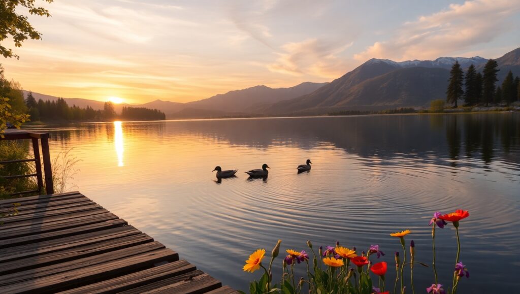 Golden Hour at the Lakeside – free AI stock image