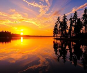 Golden Sunset Over the Serene Lake – free AI stock image